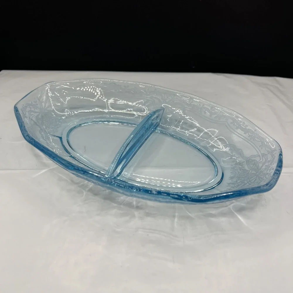 Vintage Fostoria June Azure Blue Etched Glass Divided Relish Dish Serving Tray
